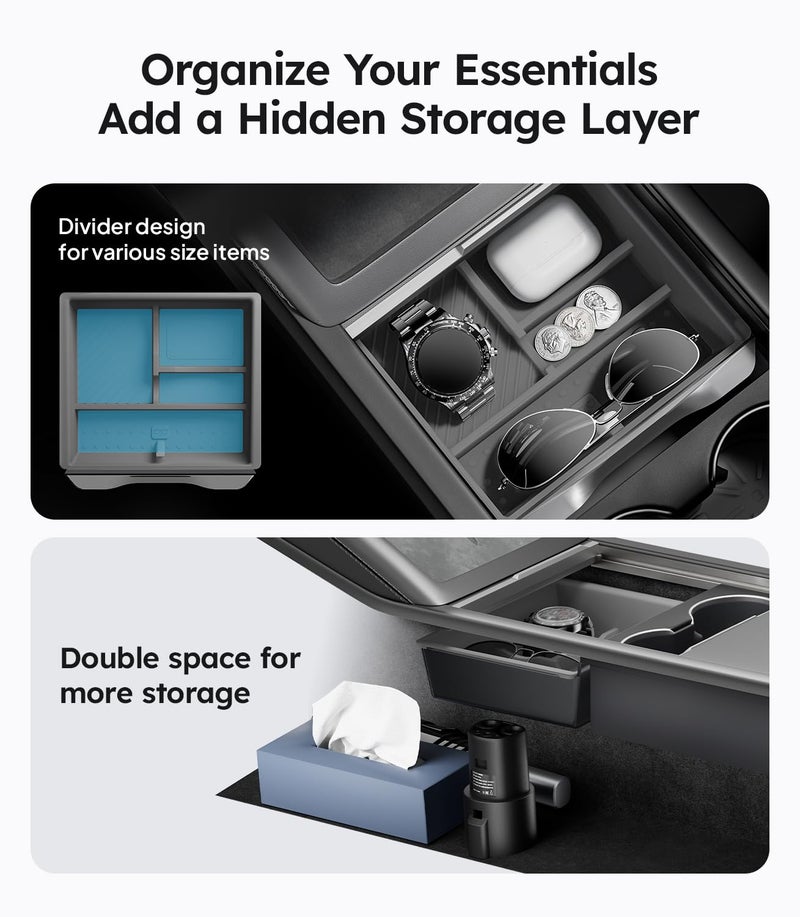Wigoo Tesla New Model Y Juniper & Model 3 Center Console Organizer [Double Layer Space, Slide smoothly] Model 3 (2024~2025)/New Model Y Juniper Accessories, 4PCS Grey - Image 4